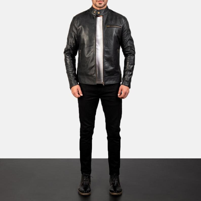 Men’s Black Leather Jacket | Real Lambskin Button Collar Zipper Jacket – Handmade by PinnacleVista