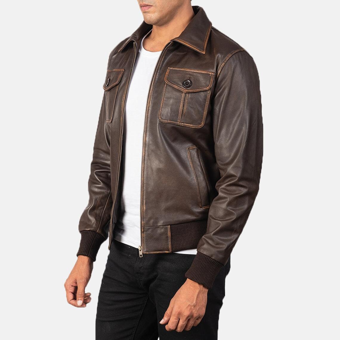 Men’s Distressed Brown Leather Bomber Jacket | Handmade Real Lambskin Shirt Style Jacket by PinnacleVista