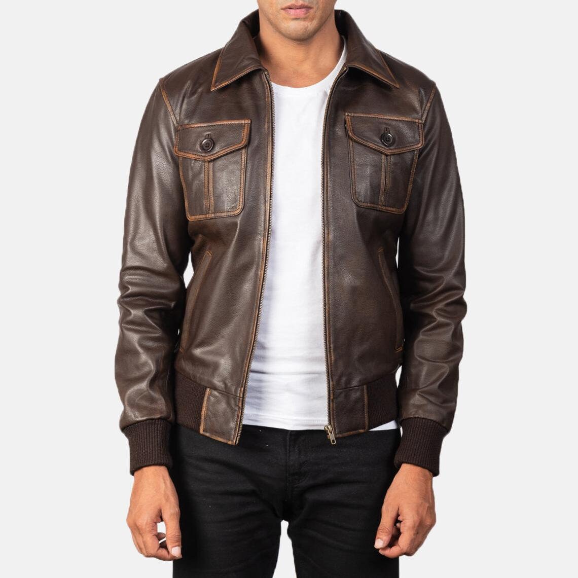 Men’s Distressed Brown Leather Bomber Jacket | Handmade Real Lambskin Shirt Style Jacket by PinnacleVista