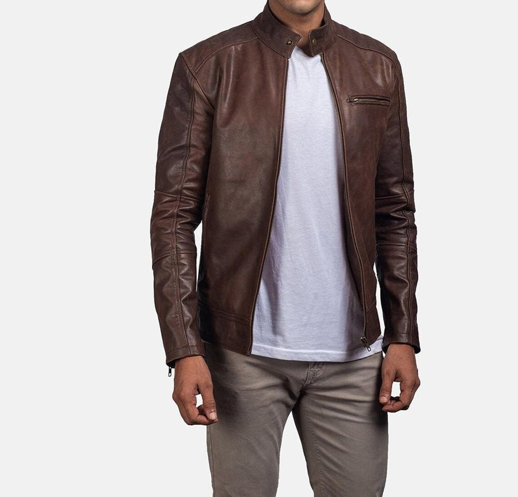 Men's Chocolate Brown Leather Jacket | Real Lambskin Vintage Style Biker Coat | Handmade Zip-Up Outerwear by PinnacleVista
