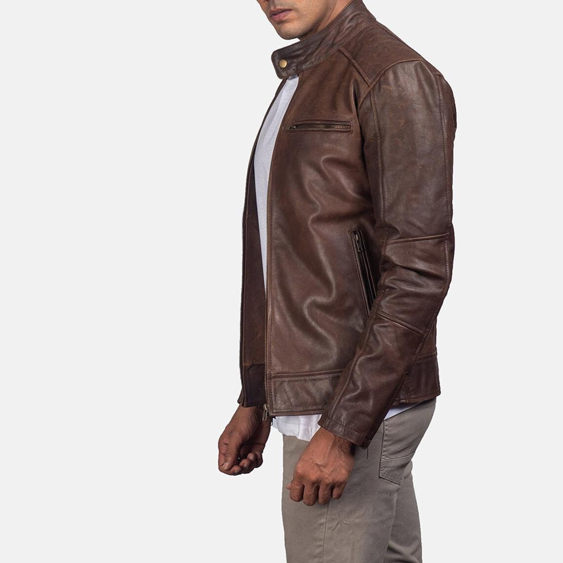 Men's Chocolate Brown Leather Jacket | Real Lambskin Vintage Style Biker Coat | Handmade Zip-Up Outerwear by PinnacleVista