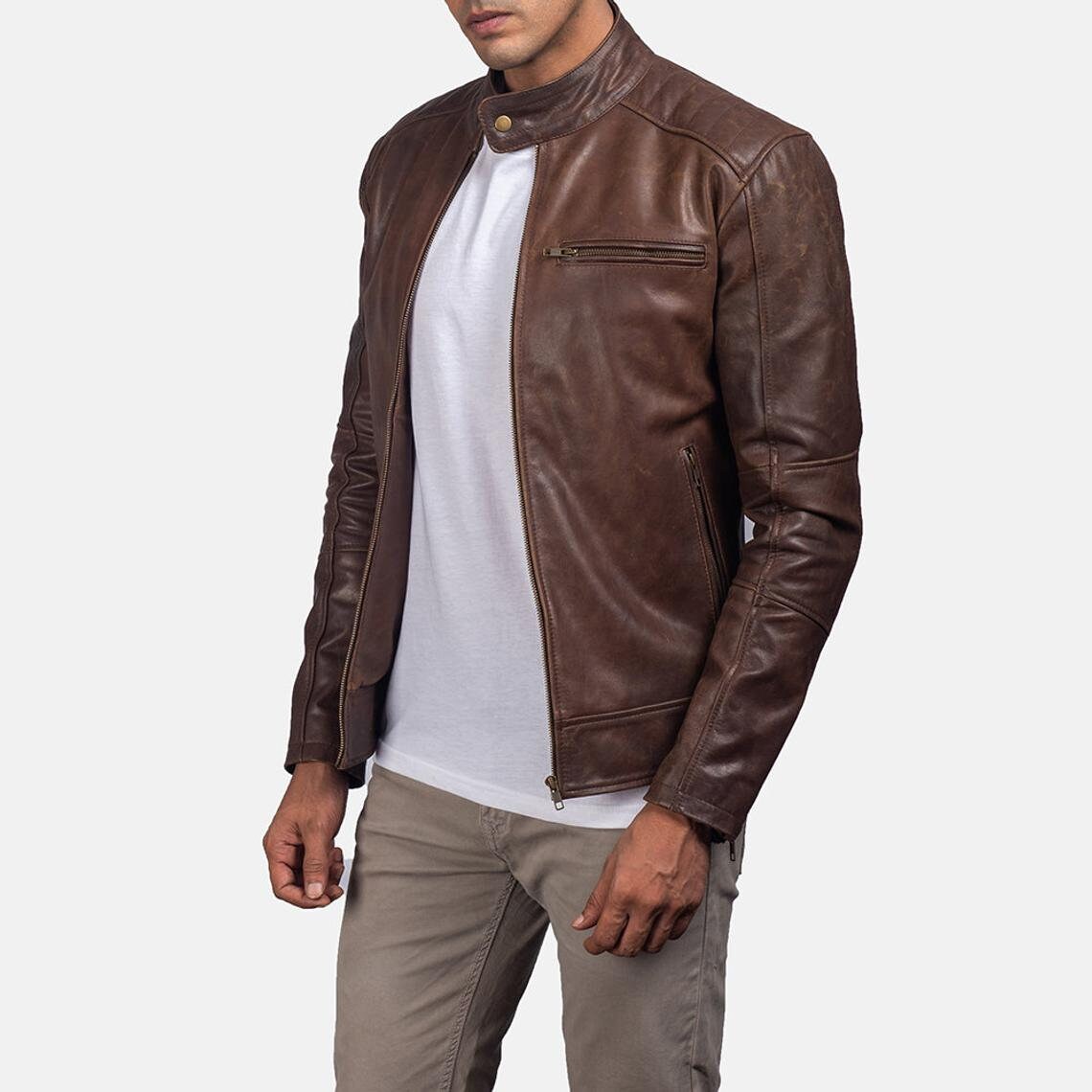 Men's Chocolate Brown Leather Jacket | Real Lambskin Vintage Style Biker Coat | Handmade Zip-Up Outerwear by PinnacleVista
