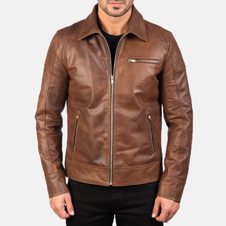 Men’s Brown Real Leather Jacket | Handmade Lambskin Zip-Up Coat | Formal Collar Style Outerwear by PinnacleVista