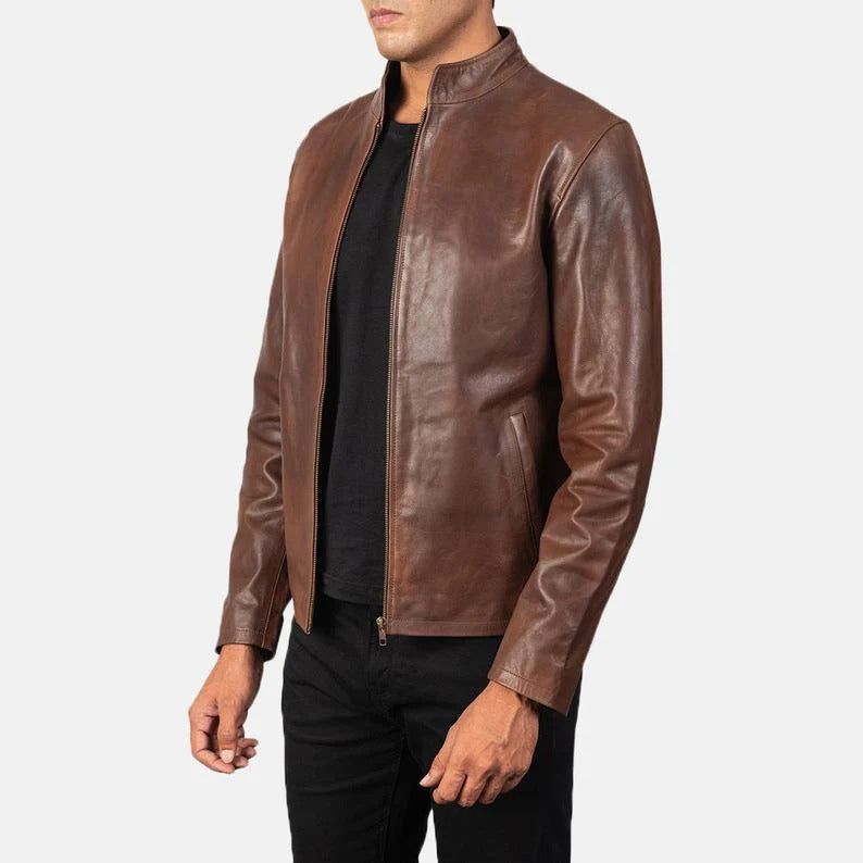 Men's Vintage Biker Leather Jacket – Real Brown Lambskin Motorcycle Coat with Band Collar | PinnacleVista Handmade Designer Outerwear