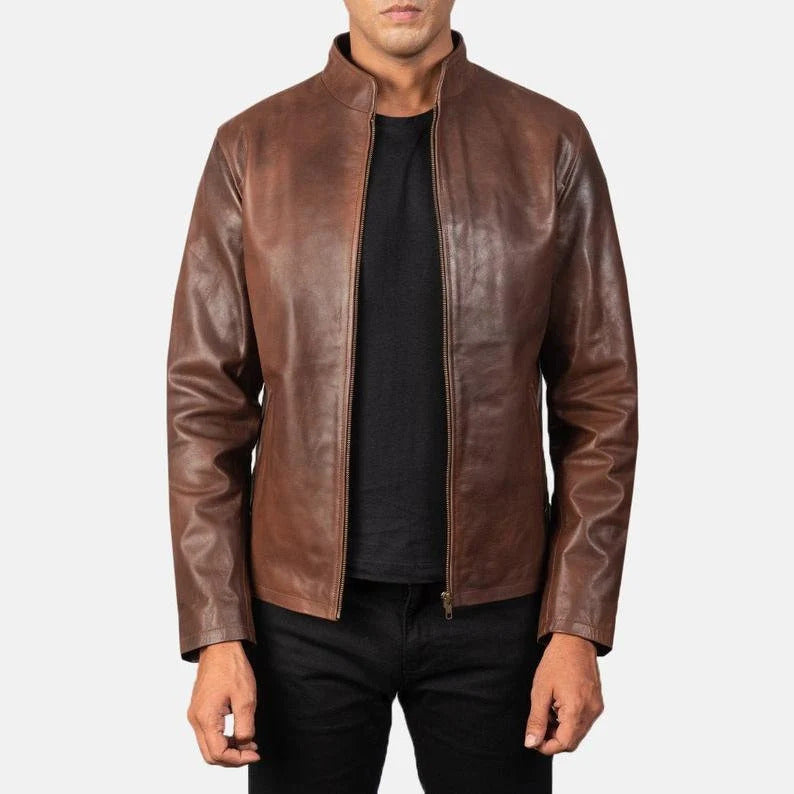 Men's Vintage Biker Leather Jacket – Real Brown Lambskin Motorcycle Coat with Band Collar | PinnacleVista Handmade Designer Outerwear