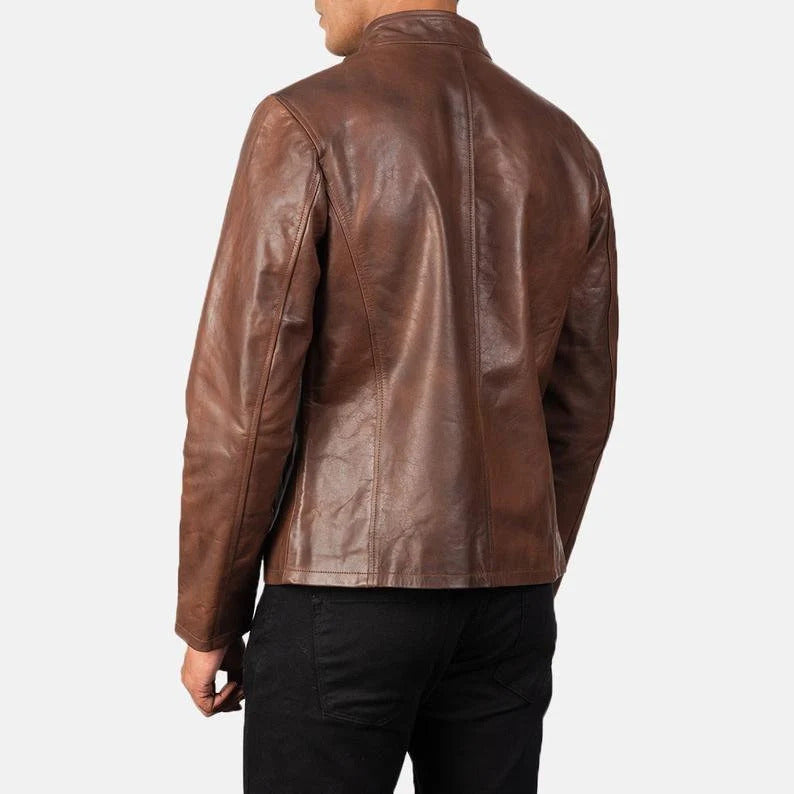 Men’s Rustic Brown Real Leather Jacket | Handmade Lambskin Collar Style Coat | Formal Vintage Zip-Up Jacket by PinnacleVista