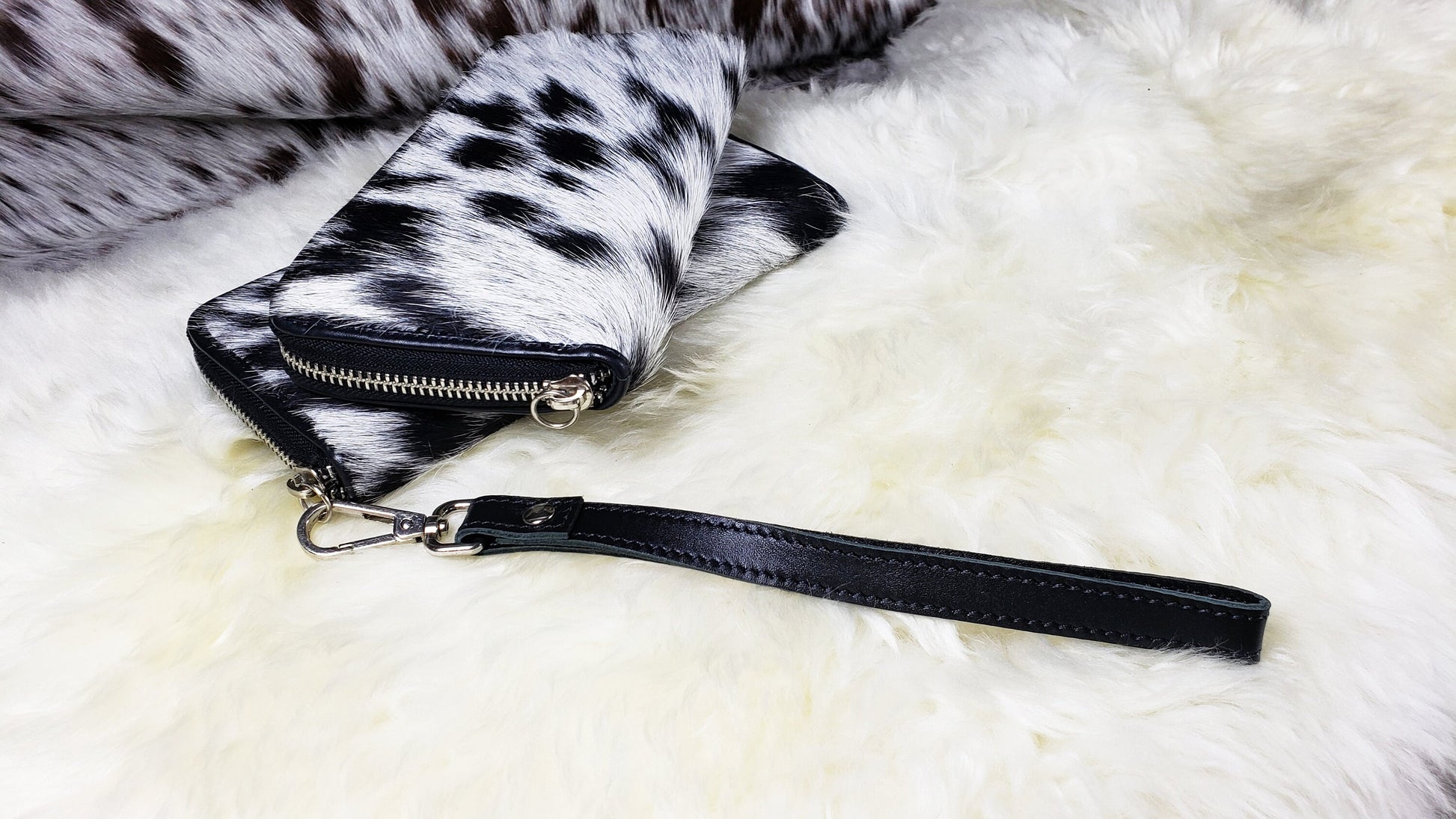 Real Cowhide Clutch Genuine Leather Handmade Wristlet and Zipper Clutch, Fur Purse Wallet, Handbag, Organize for women
