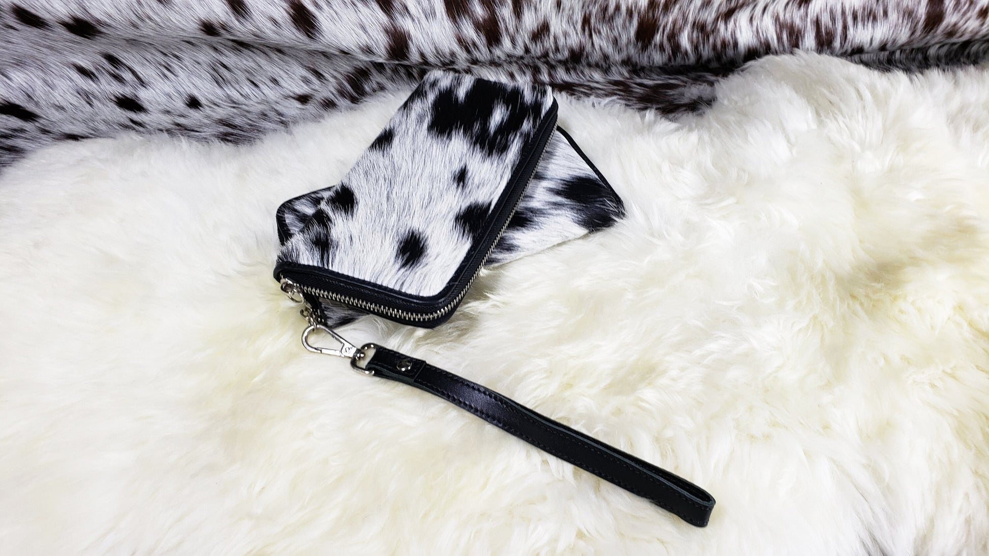 Real Cowhide Clutch Genuine Leather Handmade Wristlet and Zipper Clutch, Fur Purse Wallet, Handbag, Organize for women