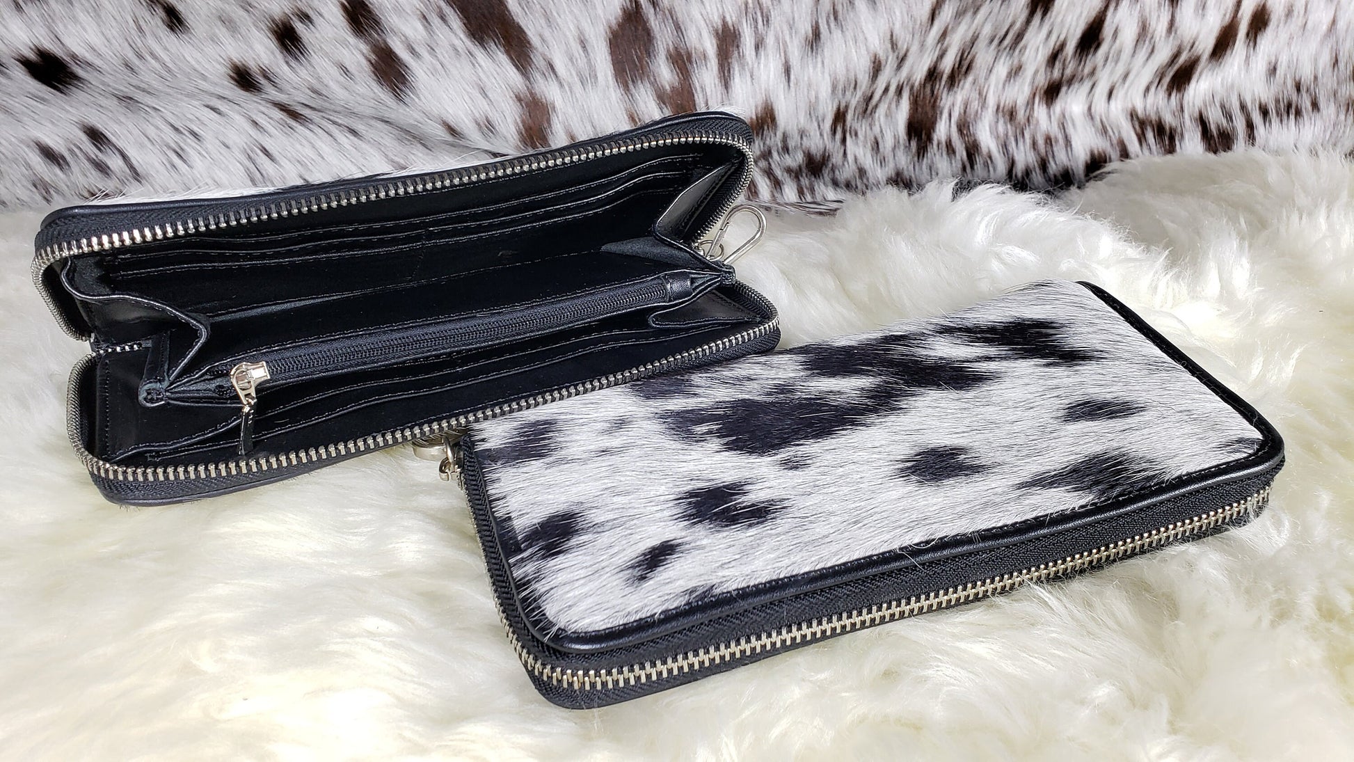 Real Cowhide Clutch Genuine Leather Handmade Wristlet and Zipper Clutch, Fur Purse Wallet, Handbag, Organize for women