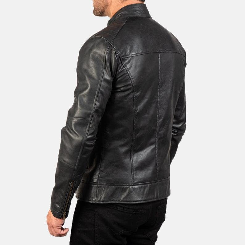 Men’s Black Leather Jacket | Real Lambskin Button Collar Zipper Jacket – Handmade by PinnacleVista