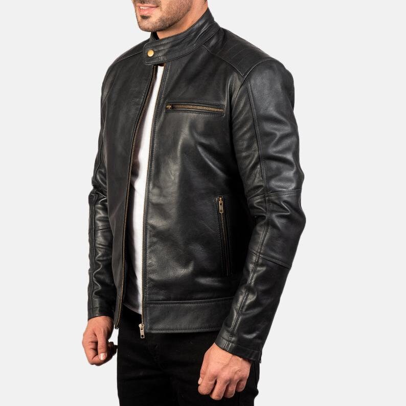 Men’s Black Leather Jacket | Real Lambskin Button Collar Zipper Jacket – Handmade by PinnacleVista