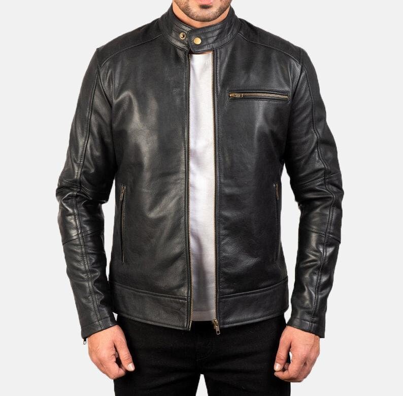 Men’s Black Leather Jacket | Real Lambskin Button Collar Zipper Jacket – Handmade by PinnacleVista