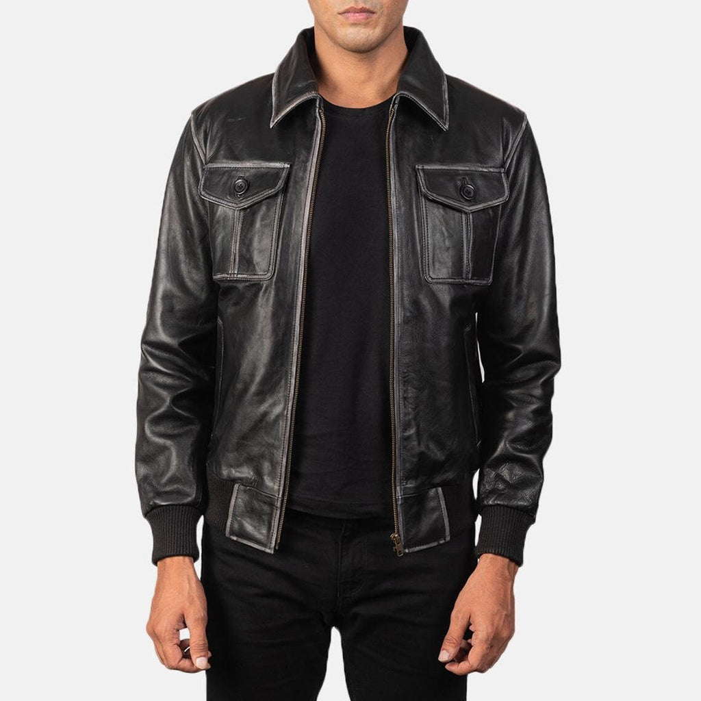 Men’s Distressed Brown Leather Bomber Jacket | Handmade Real Lambskin Shirt Style Jacket by PinnacleVista