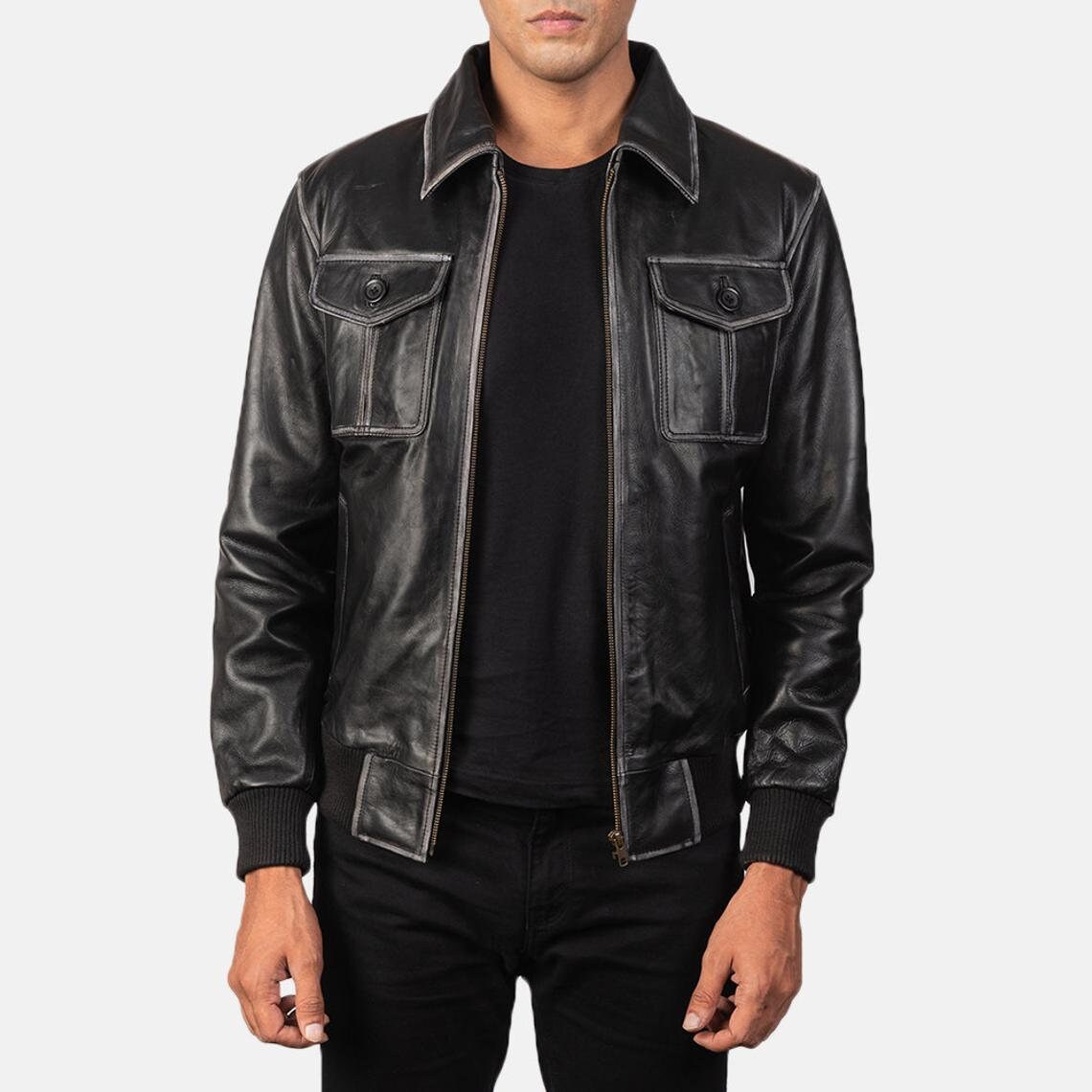 Men’s Distressed Brown Leather Bomber Jacket | Handmade Real Lambskin Shirt Style Jacket by PinnacleVista