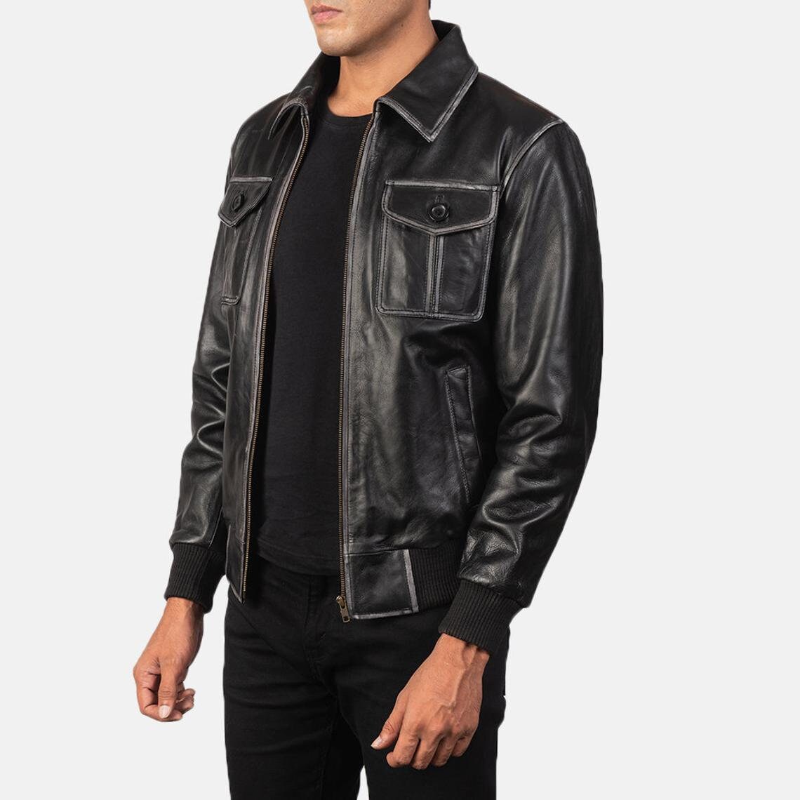 Men’s Distressed Brown Leather Bomber Jacket | Handmade Real Lambskin Shirt Style Jacket by PinnacleVista