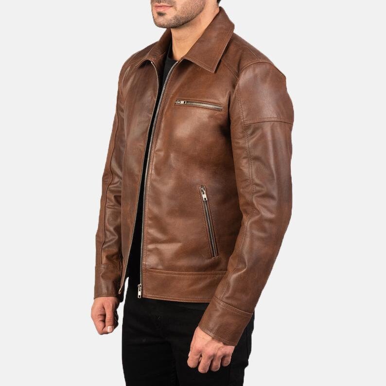 Men’s Brown Real Leather Jacket | Handmade Lambskin Zip-Up Coat | Formal Collar Style Outerwear by PinnacleVista