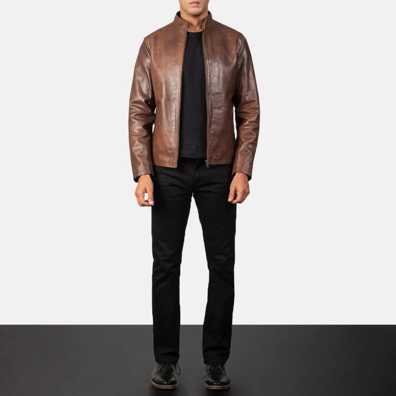 Men’s Rustic Brown Real Leather Jacket | Handmade Lambskin Collar Style Coat | Formal Vintage Zip-Up Jacket by PinnacleVista