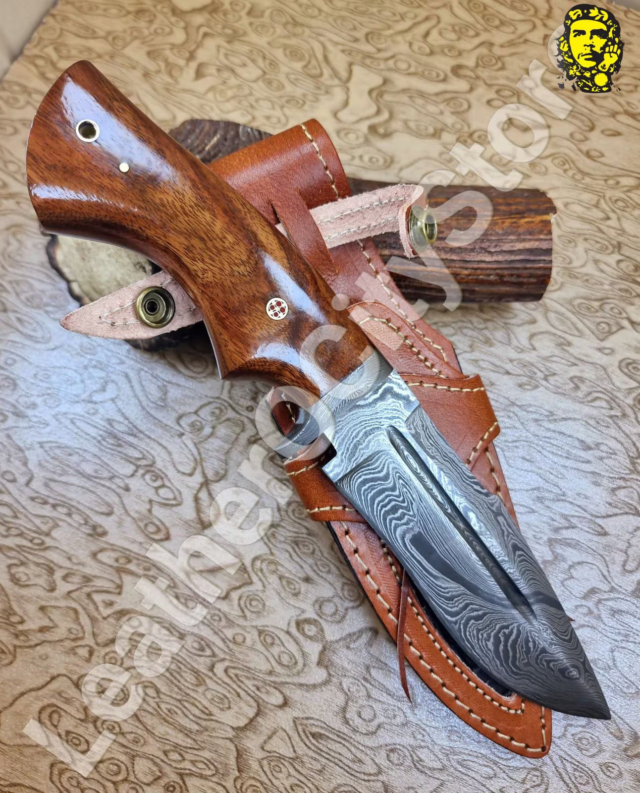 11" Handmade Damascus Hunting Knife – Walnut Handle, Leather Sheath, Razor Sharp