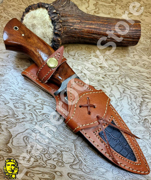 11" Handmade Damascus Hunting Knife – Walnut Handle, Leather Sheath, Razor Sharp