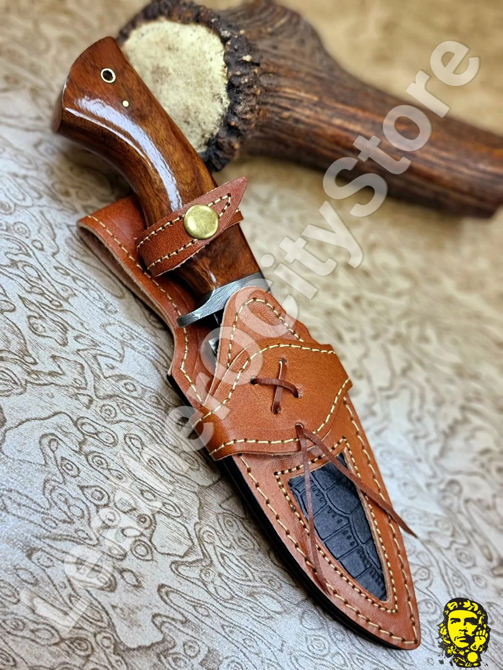 11" Handmade Damascus Hunting Knife – Walnut Handle, Leather Sheath, Razor Sharp