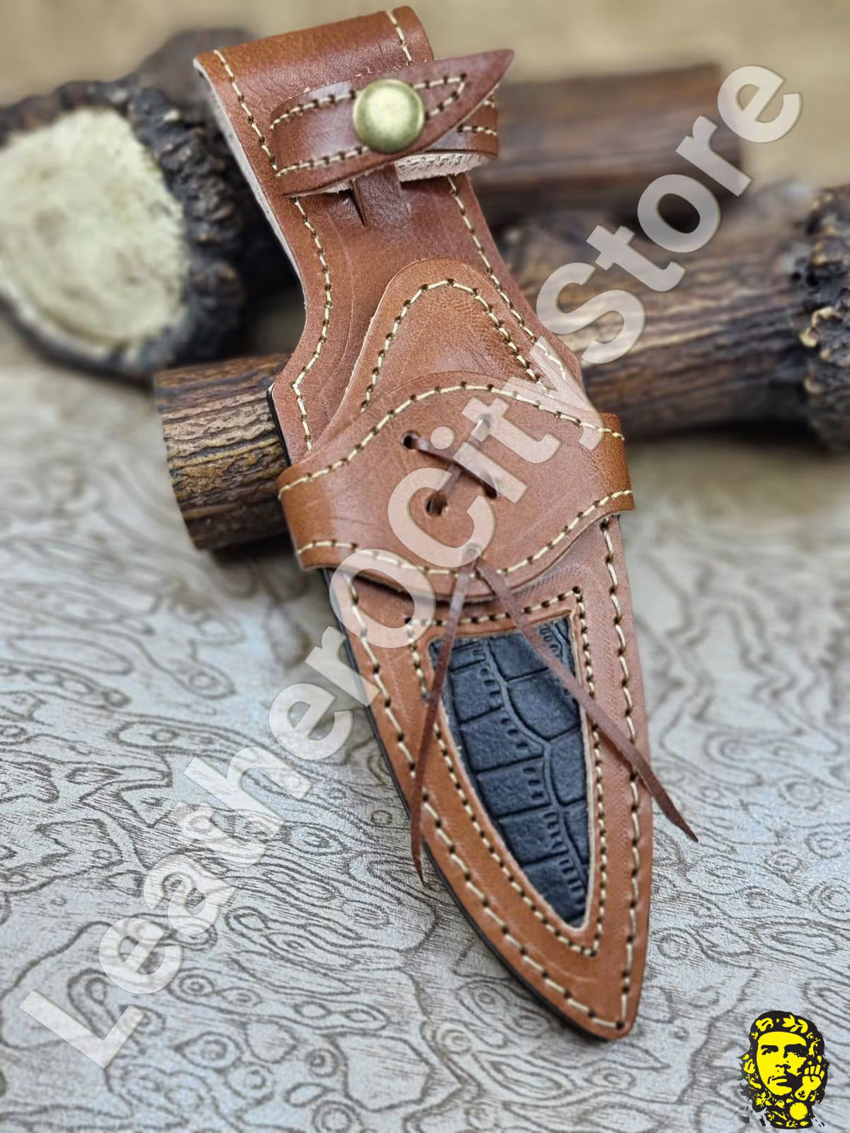 11" Handmade Damascus Hunting Knife – Walnut Handle, Leather Sheath, Razor Sharp