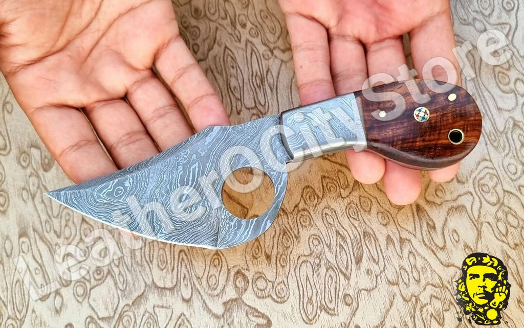 Custom Handmade Damascus Skinning Knife | Finger Hole Damascus Blade with Leather Sheath
