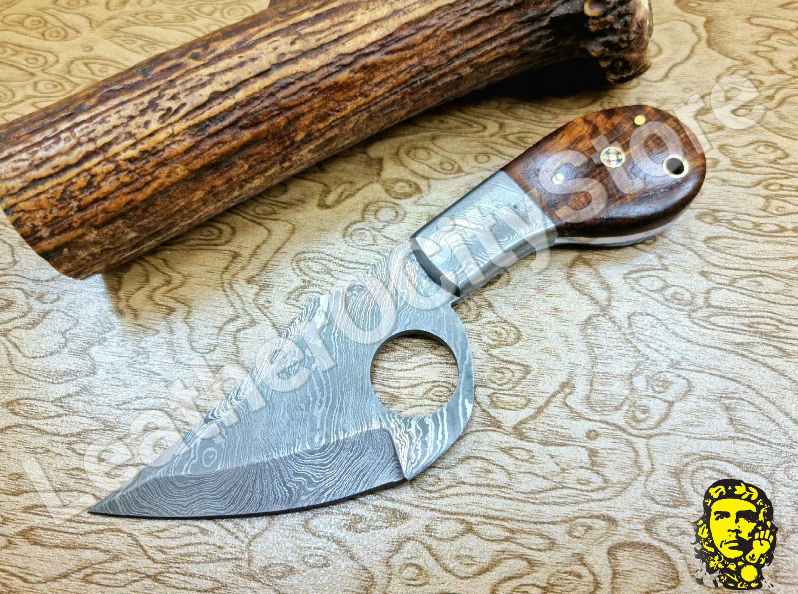 Custom Handmade Damascus Skinning Knife | Finger Hole Damascus Blade with Leather Sheath
