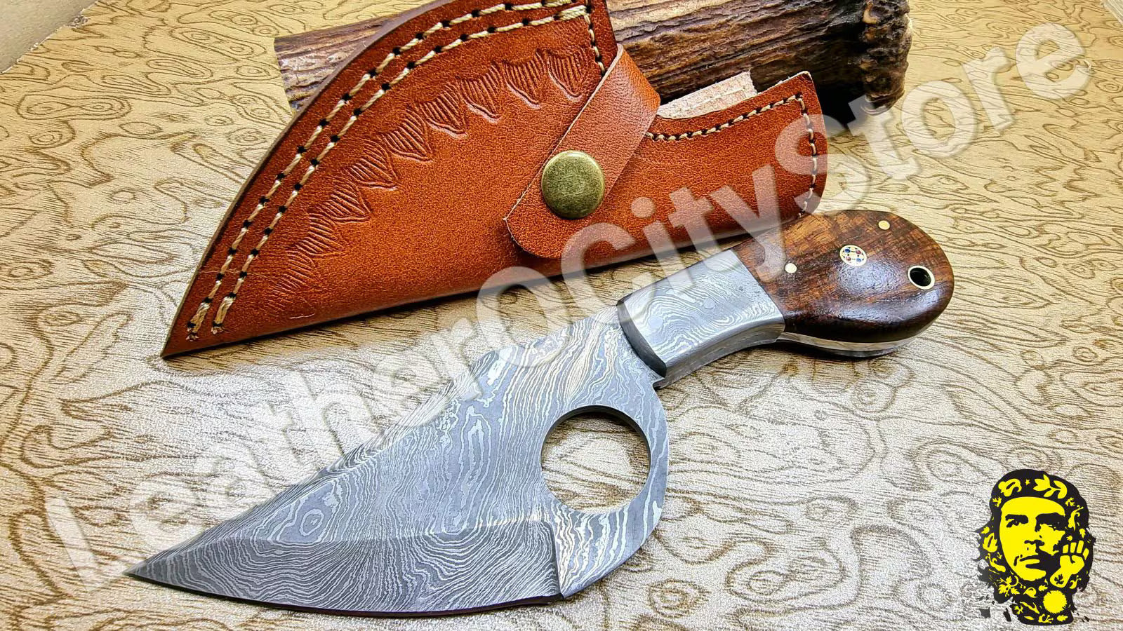 Custom Handmade Damascus Skinning Knife | Finger Hole Damascus Blade with Leather Sheath