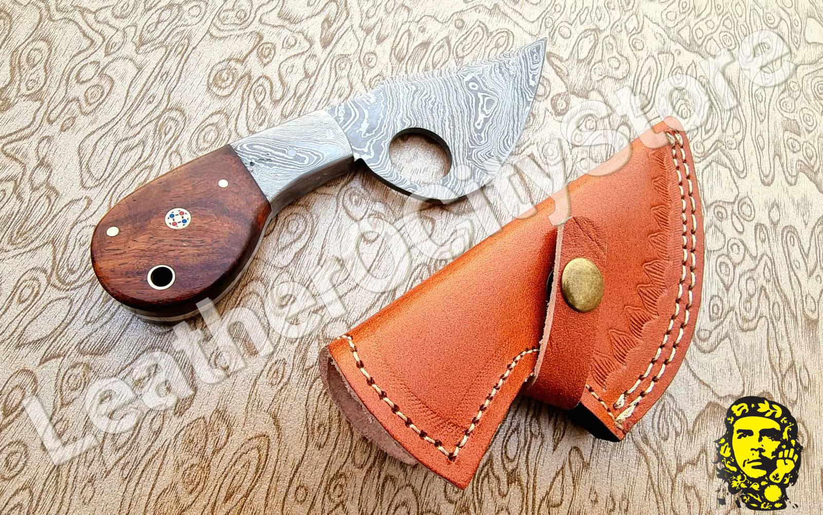 Custom Handmade Damascus Skinning Knife | Finger Hole Damascus Blade with Leather Sheath