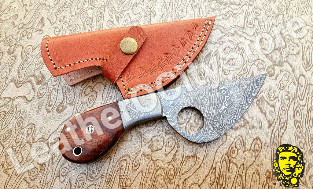 Custom Handmade Damascus Skinning Knife | Finger Hole Damascus Blade with Leather Sheath