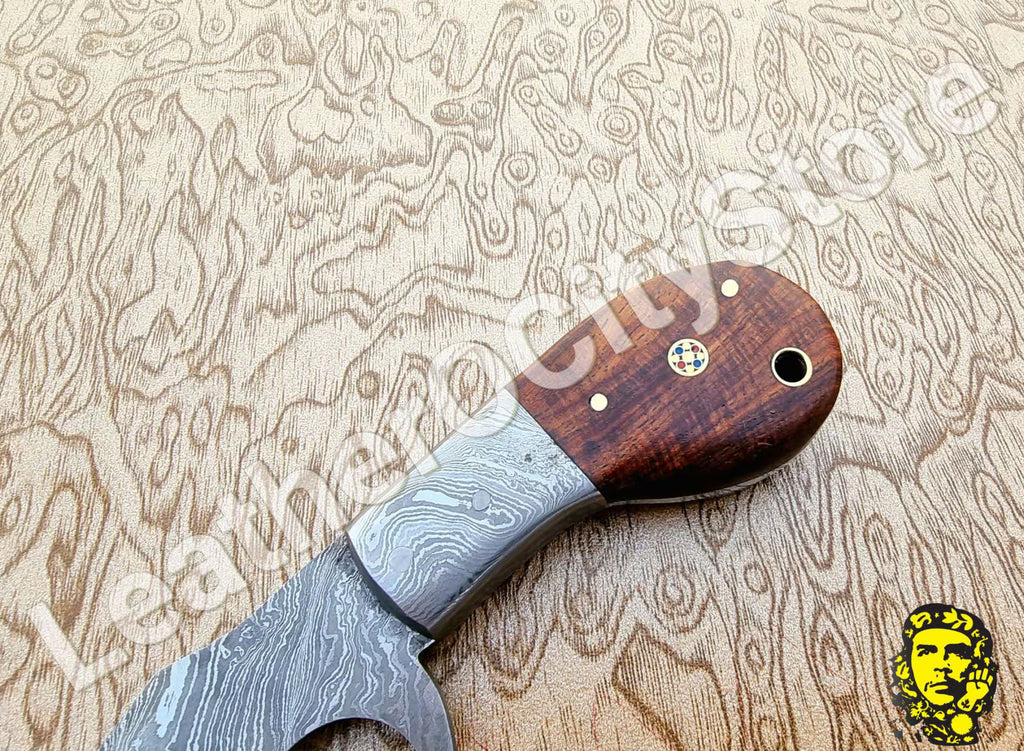 Custom Handmade Damascus Skinning Knife | Finger Hole Damascus Blade with Leather Sheath