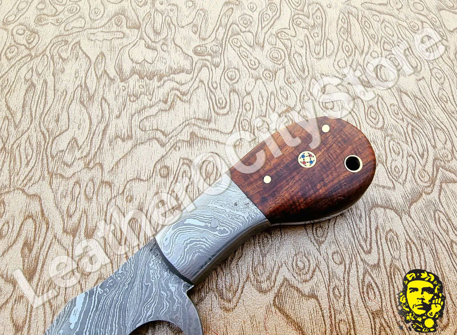 Custom Handmade Damascus Skinning Knife | Finger Hole Damascus Blade with Leather Sheath
