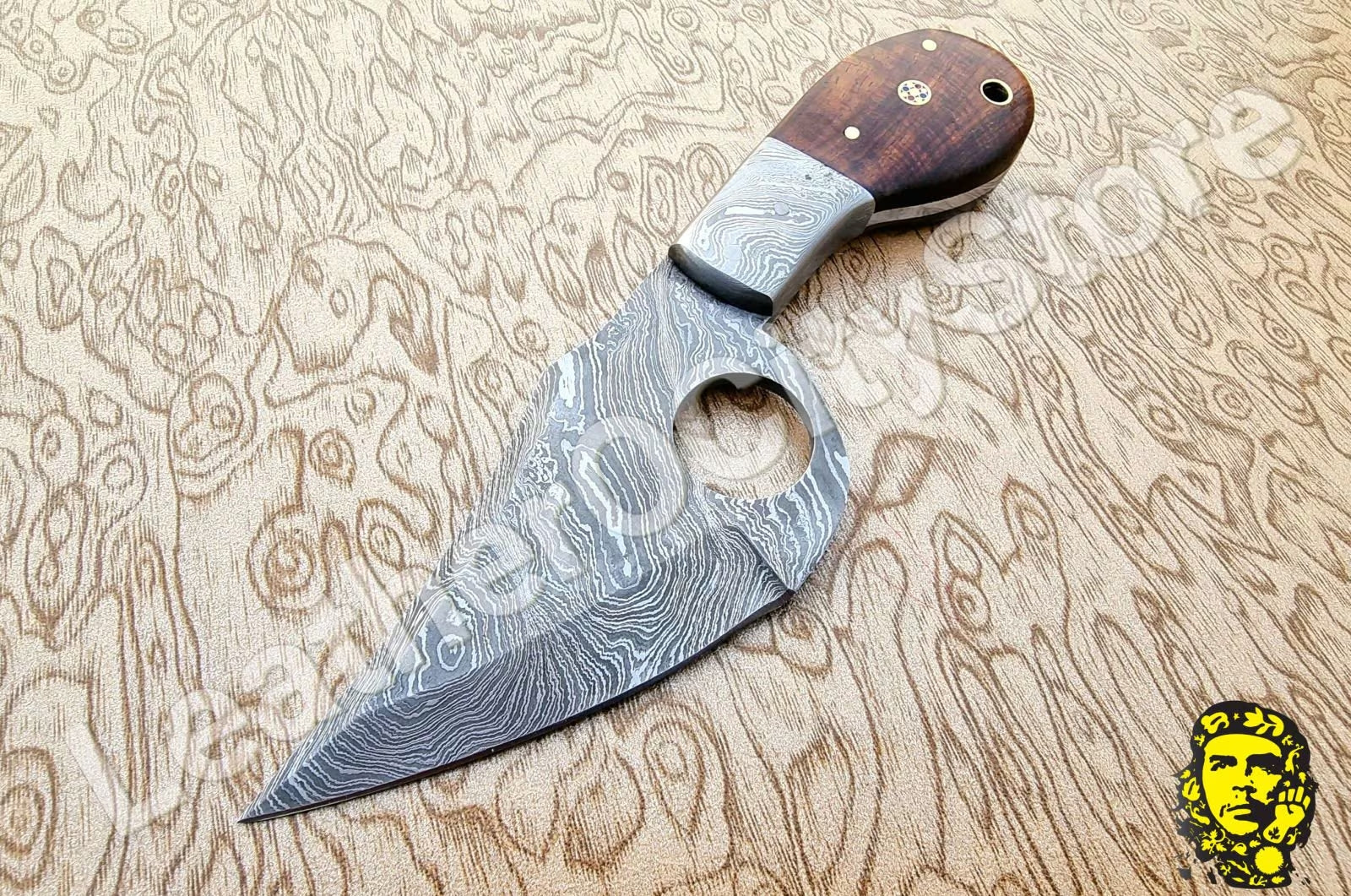 Custom Handmade Damascus Skinning Knife | Finger Hole Damascus Blade with Leather Sheath