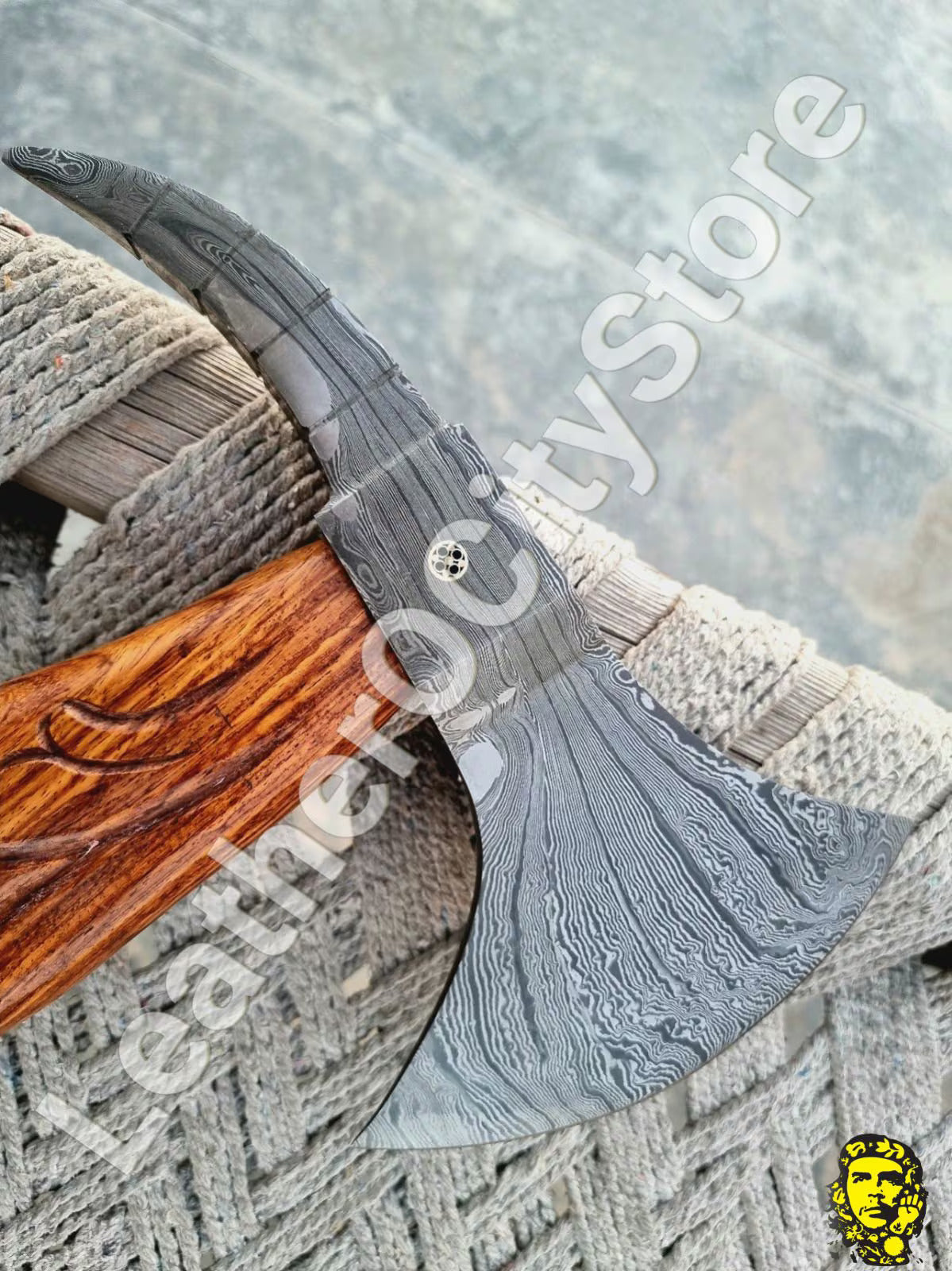 Custom Handmade Damascus Steel Viking Axe | Rosewood Handle | Leather Sheath | Throwing Hatchet | Camping & Hunting Axe by PinnacleVista