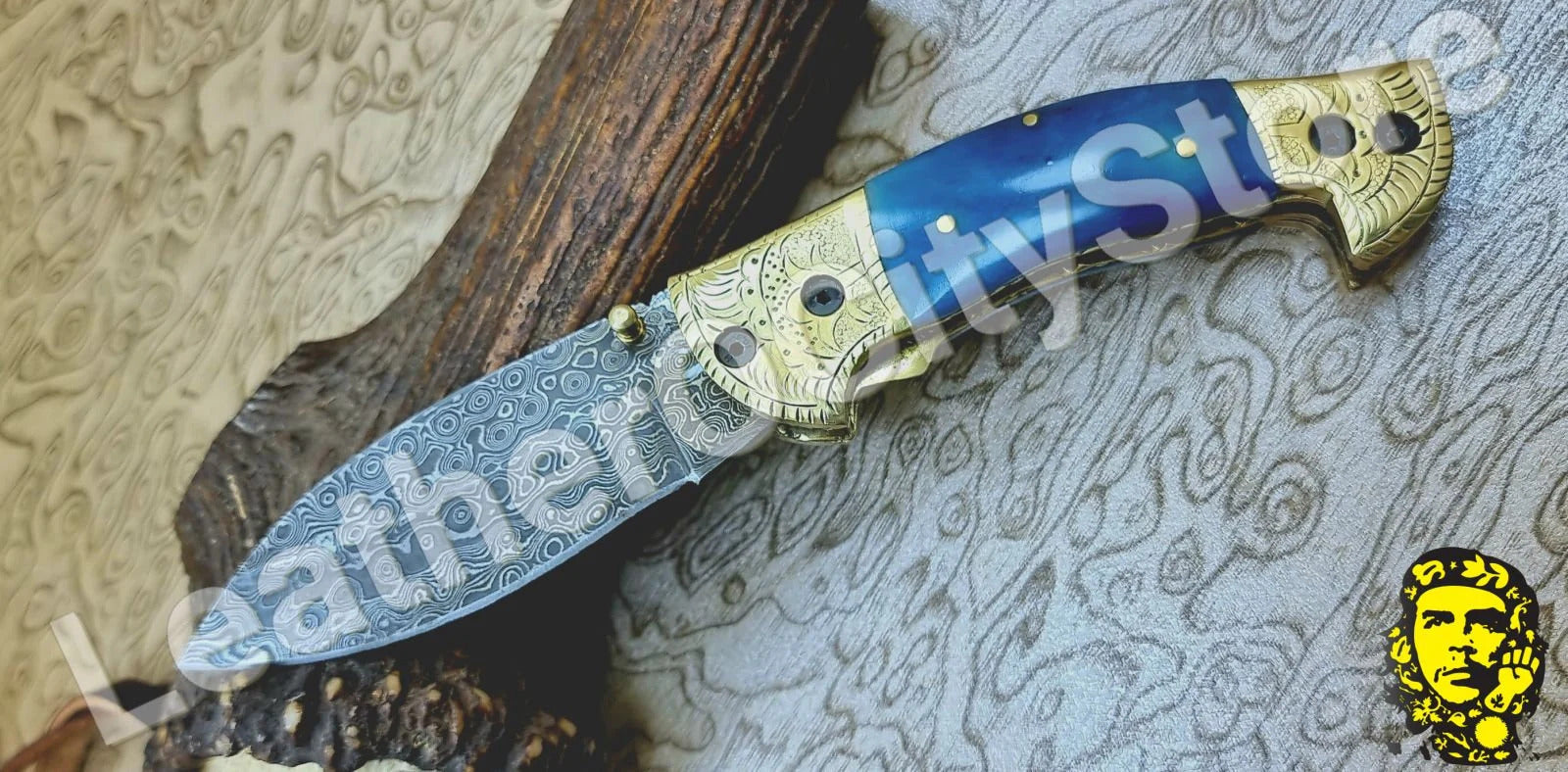 Handmade Damascus Steel Folding Knife – Blue Bone Handle & Leather Sheath | 8.45" Lockback