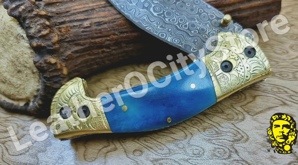 Handmade Damascus Steel Folding Knife – Blue Bone Handle & Leather Sheath | 8.45" Lockback