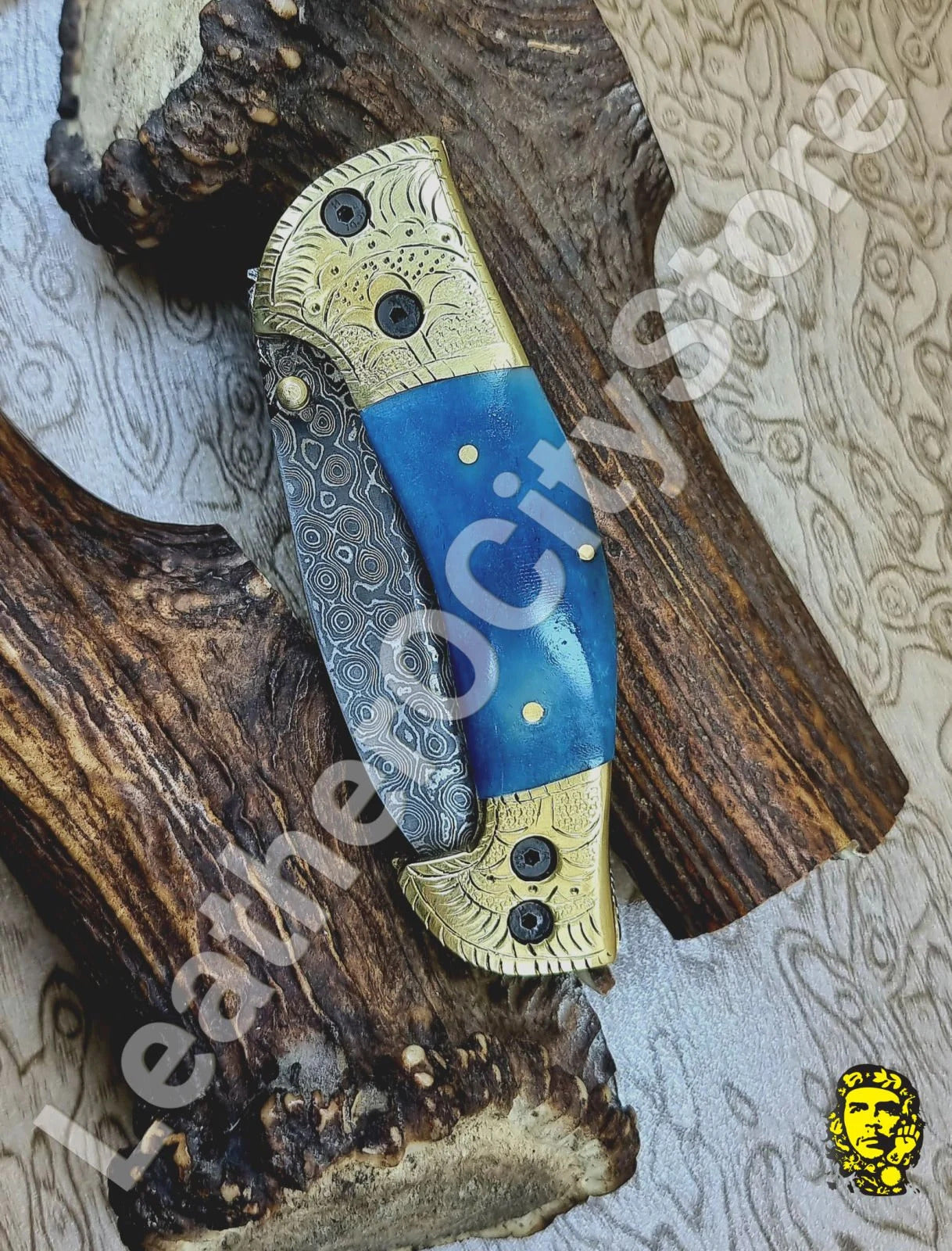 Handmade Damascus Steel Folding Knife – Blue Bone Handle & Leather Sheath | 8.45" Lockback
