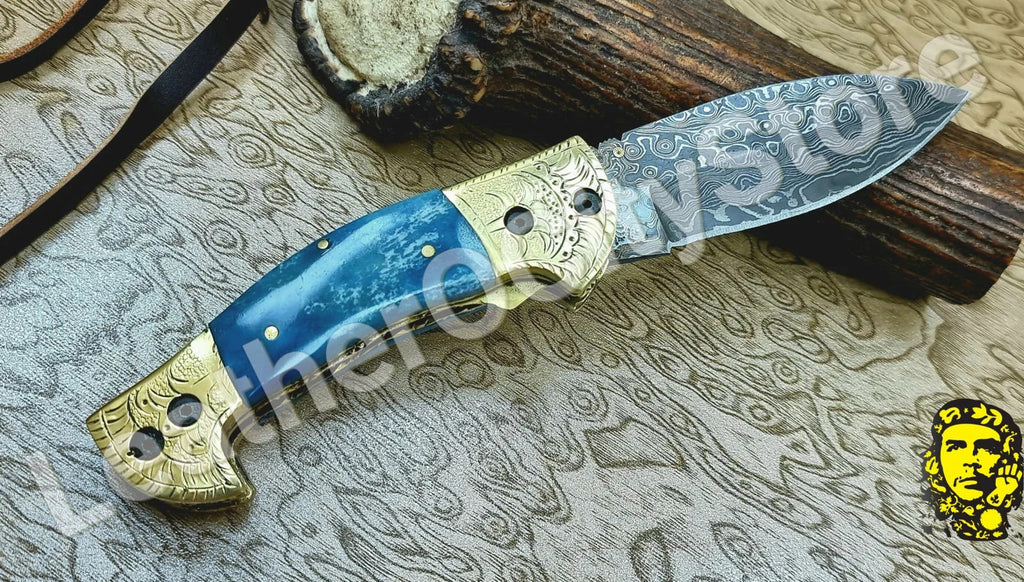 Handmade Damascus Steel Folding Knife – Blue Bone Handle & Leather Sheath | 8.45" Lockback