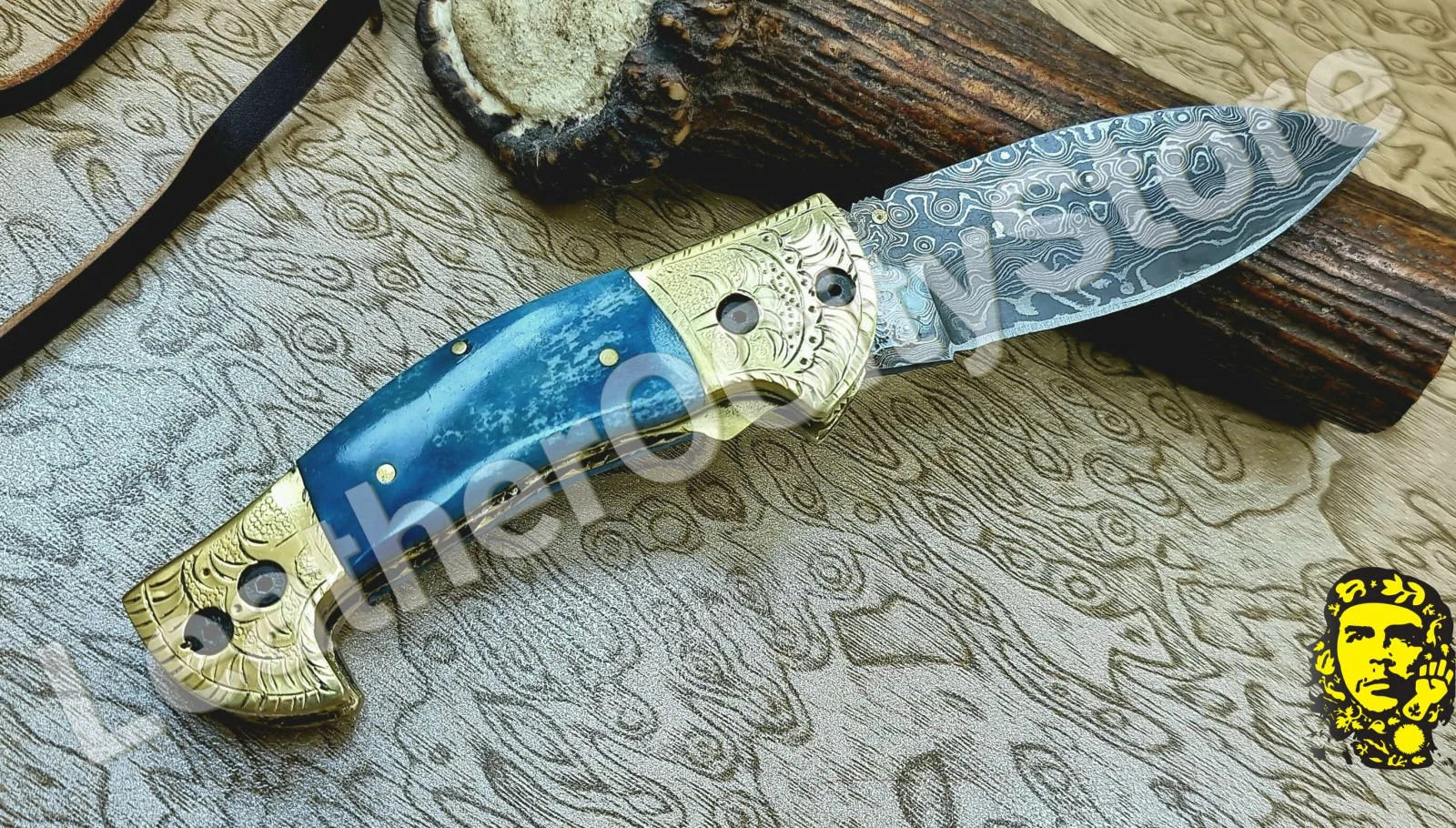 Handmade Damascus Steel Folding Knife – Blue Bone Handle & Leather Sheath | 8.45" Lockback