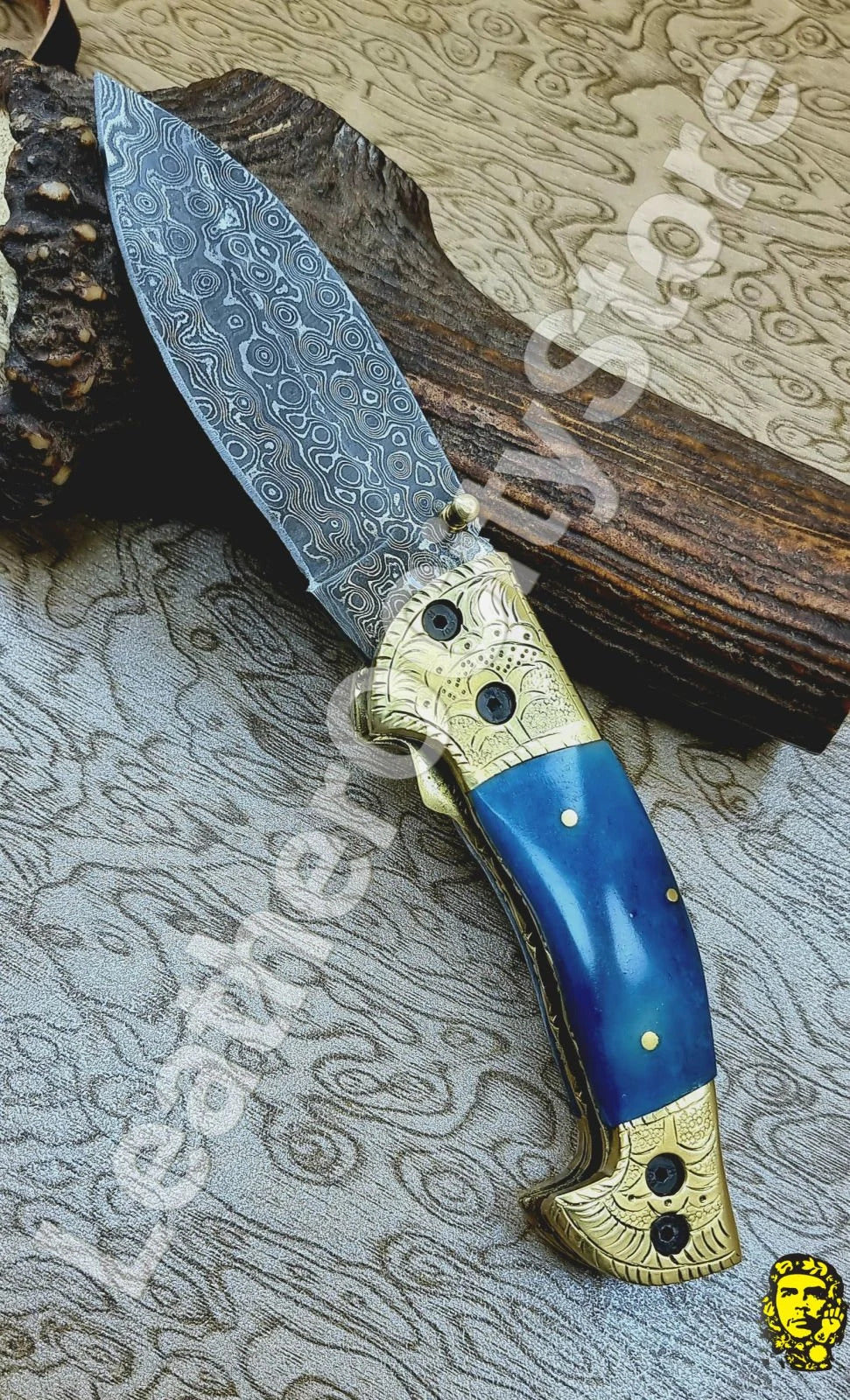 Handmade Damascus Steel Folding Knife – Blue Bone Handle & Leather Sheath | 8.45" Lockback