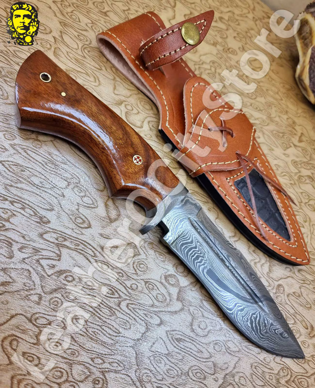 11" Handmade Damascus Hunting Knife – Walnut Handle, Leather Sheath, Razor Sharp