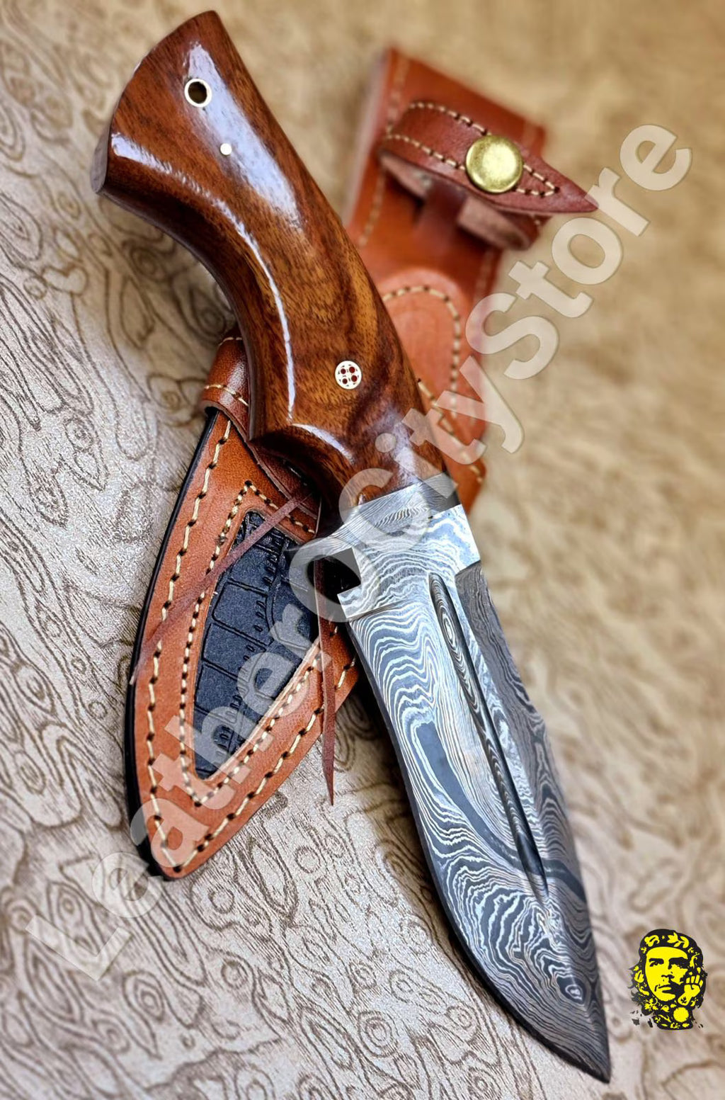 11" Handmade Damascus Hunting Knife – Walnut Handle, Leather Sheath, Razor Sharp