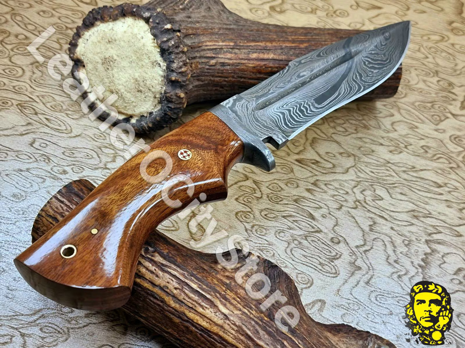 11" Handmade Damascus Hunting Knife – Walnut Handle, Leather Sheath, Razor Sharp