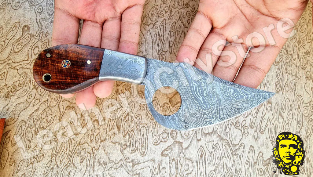 Custom Handmade Damascus Skinning Knife | Finger Hole Damascus Blade with Leather Sheath