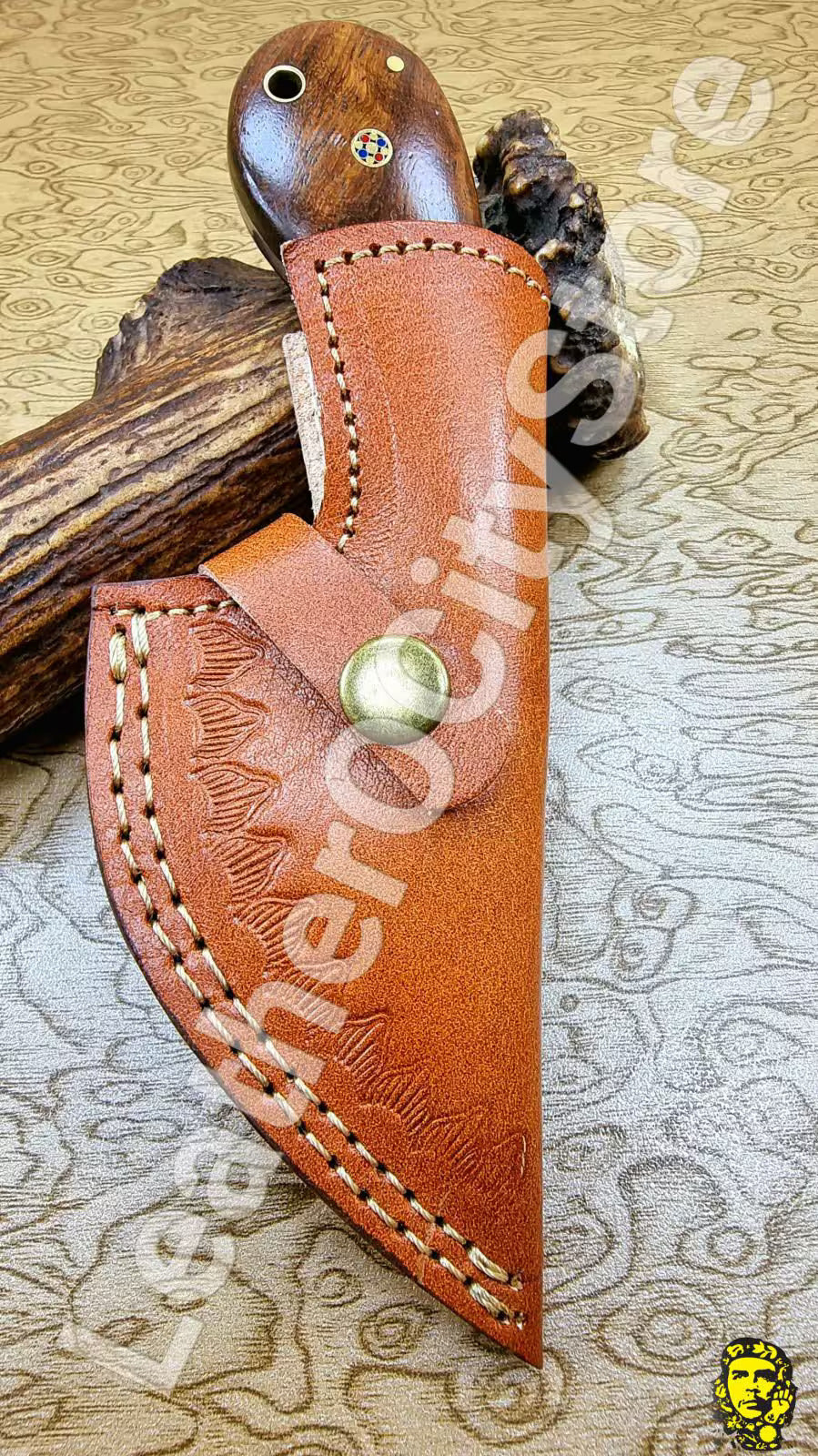 Custom Handmade Damascus Skinning Knife | Finger Hole Damascus Blade with Leather Sheath