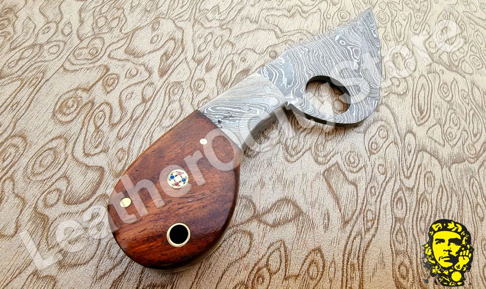 Custom Handmade Damascus Skinning Knife | Finger Hole Damascus Blade with Leather Sheath