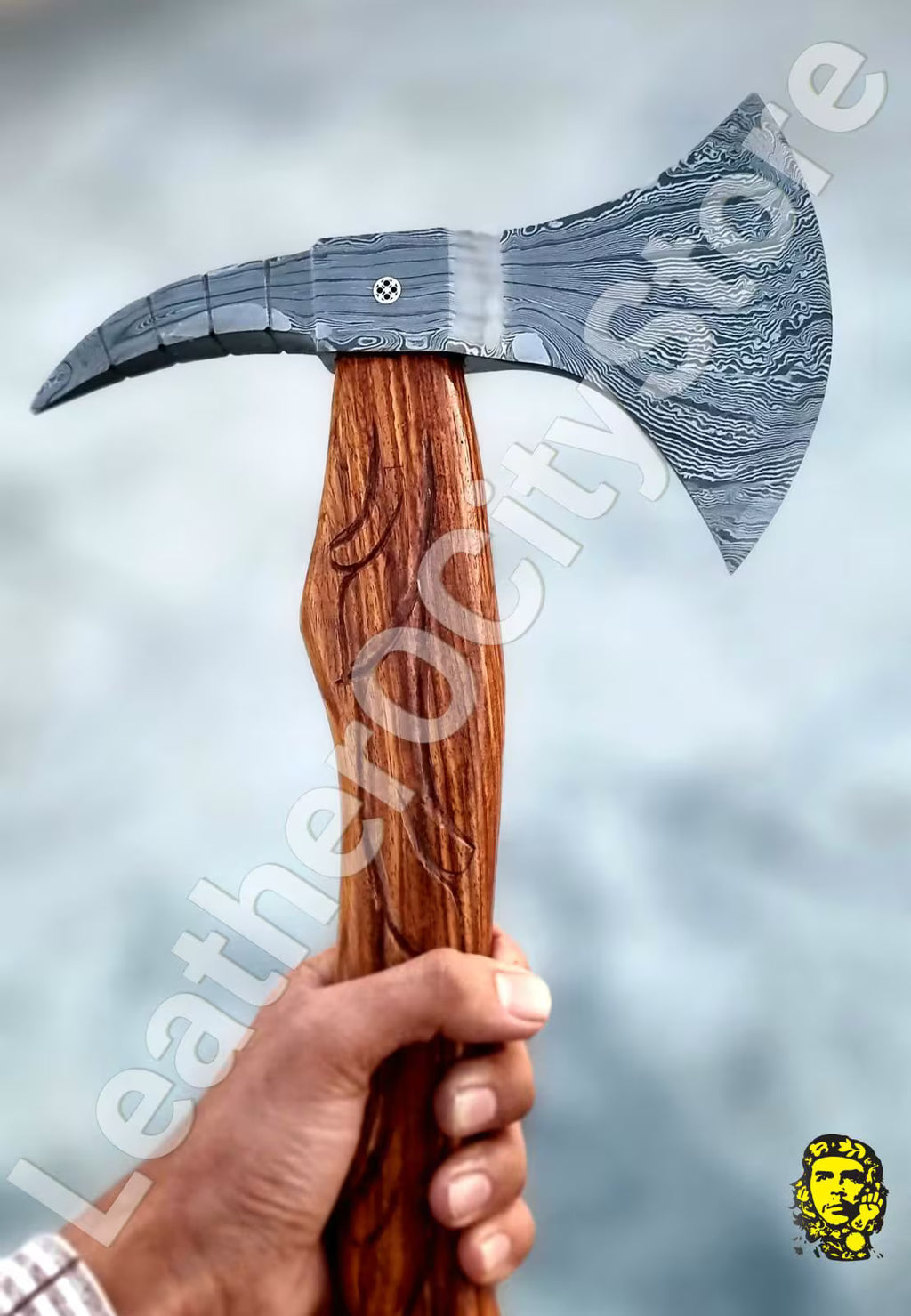 Custom Handmade Damascus Steel Viking Axe | Rosewood Handle | Leather Sheath | Throwing Hatchet | Camping & Hunting Axe by PinnacleVista