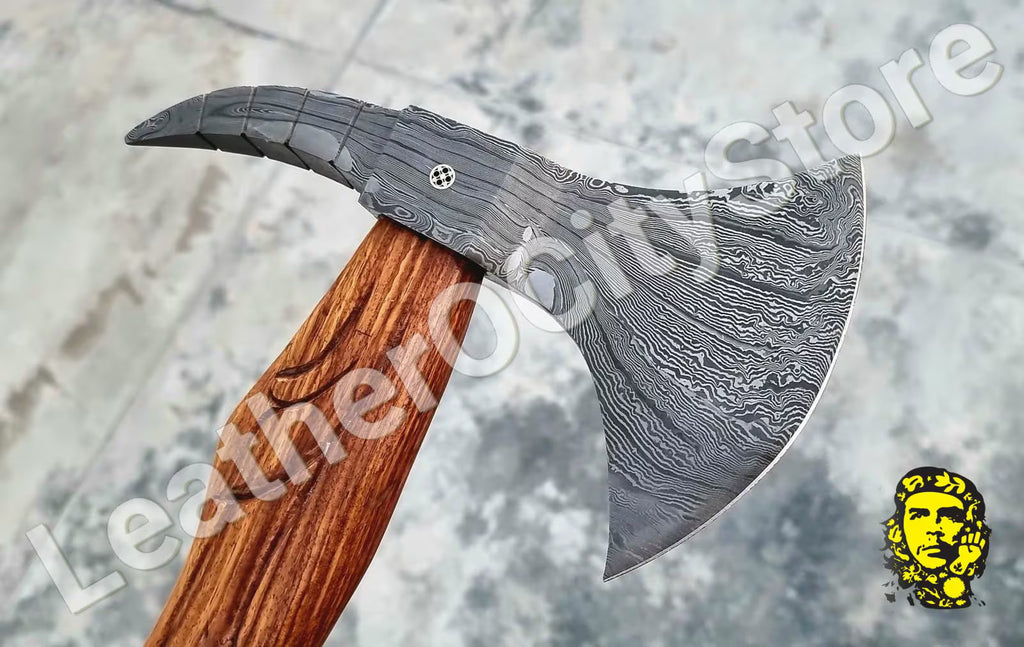 Custom Handmade Damascus Steel Viking Axe | Rosewood Handle | Leather Sheath | Throwing Hatchet | Camping & Hunting Axe by PinnacleVista
