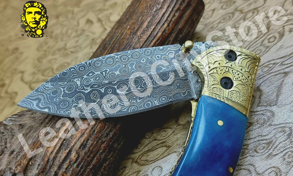 Handmade Damascus Steel Folding Knife – Blue Bone Handle & Leather Sheath | 8.45" Lockback