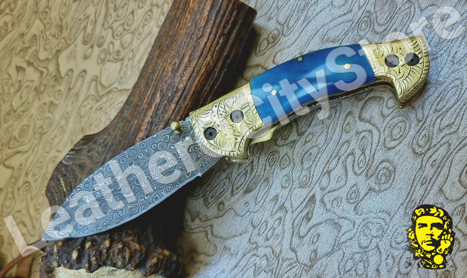 Handmade Damascus Steel Folding Knife – Blue Bone Handle & Leather Sheath | 8.45" Lockback